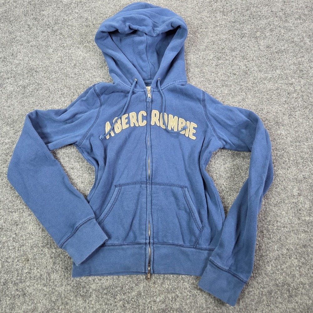 Y2K VTG Abercrombie & Fitch Blue Zip Hoodie Spellout Logo Sweatshirt Women M‎